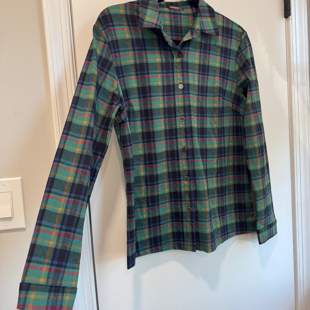 J.McLaughlin Womens Green Plaid Button Down‎ Shirt Stretch Nylon Spandex Medium - Picture 4 of 9